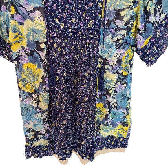 Joie Womens S Blue Floral Tasseled Tie Neck Layered Tunic Silk Blouse Top - Picture 3 of 8